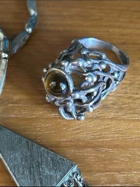 Sterling Silver vintage Brutalist  Ring with Amber Cabochon size 10